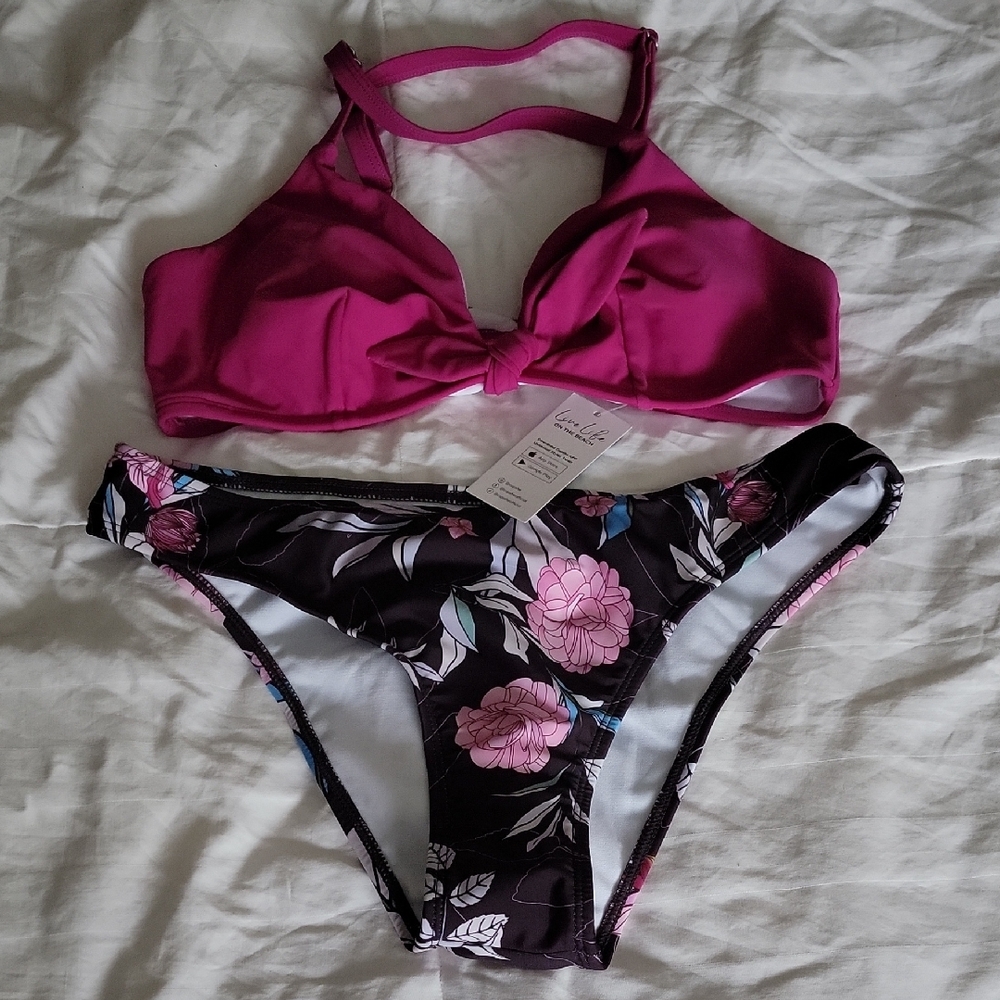 Bunny Tie Pink and Black Floral Bikini Set
